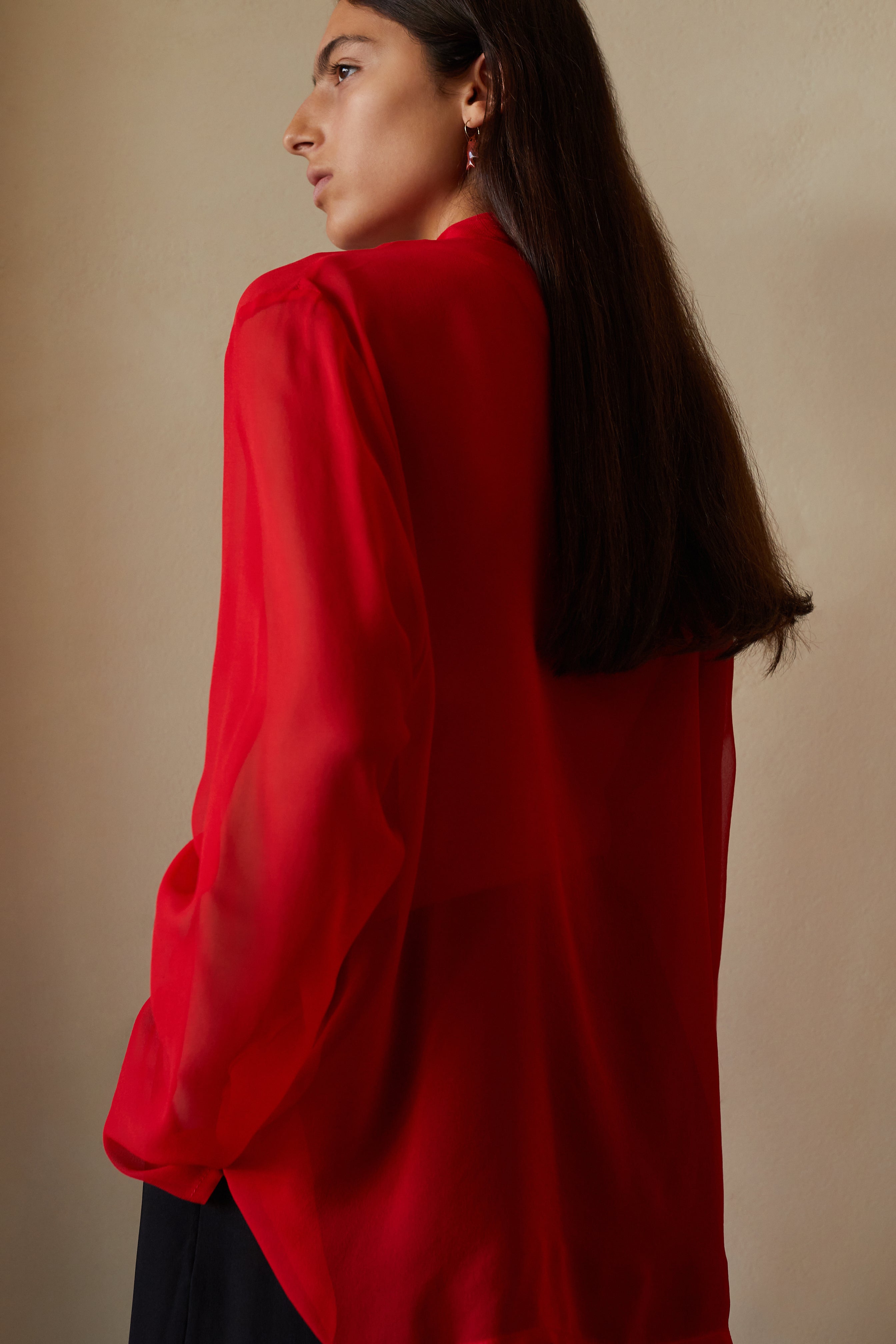 Scarf tie long sleeve blouse in red silk